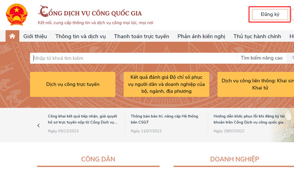 Truy cập vào trang web Cổng dịch vụ công quốc gia