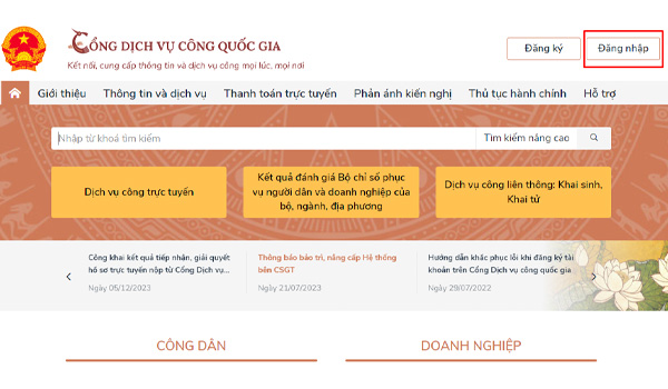 Đăng nhập vào website Cổng dịch vụ công quốc gia