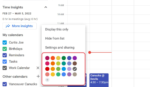 Google Calendar cho phép chọn màu sắc cho từng công việc/sự kiện