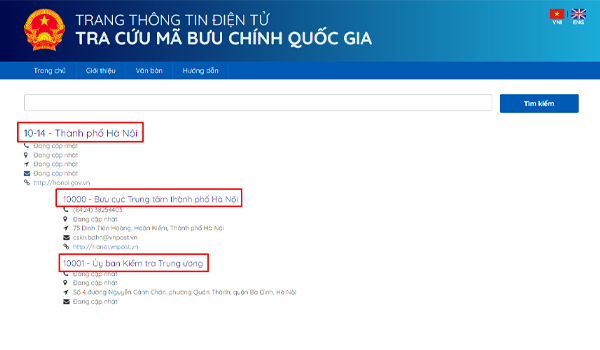 Kết quả mã bưu chính của Thành phố Hà Nội