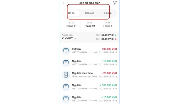 Lịch sử giao dịch trên ví VNPay